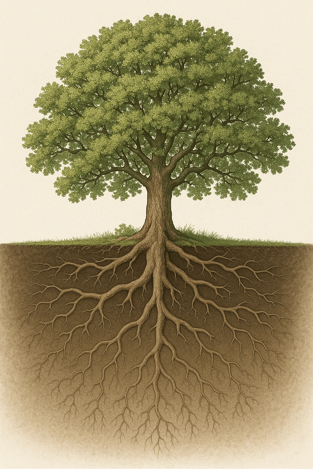 Image of an oak tree showing the entire tree together with the root system spreading deep into the ground